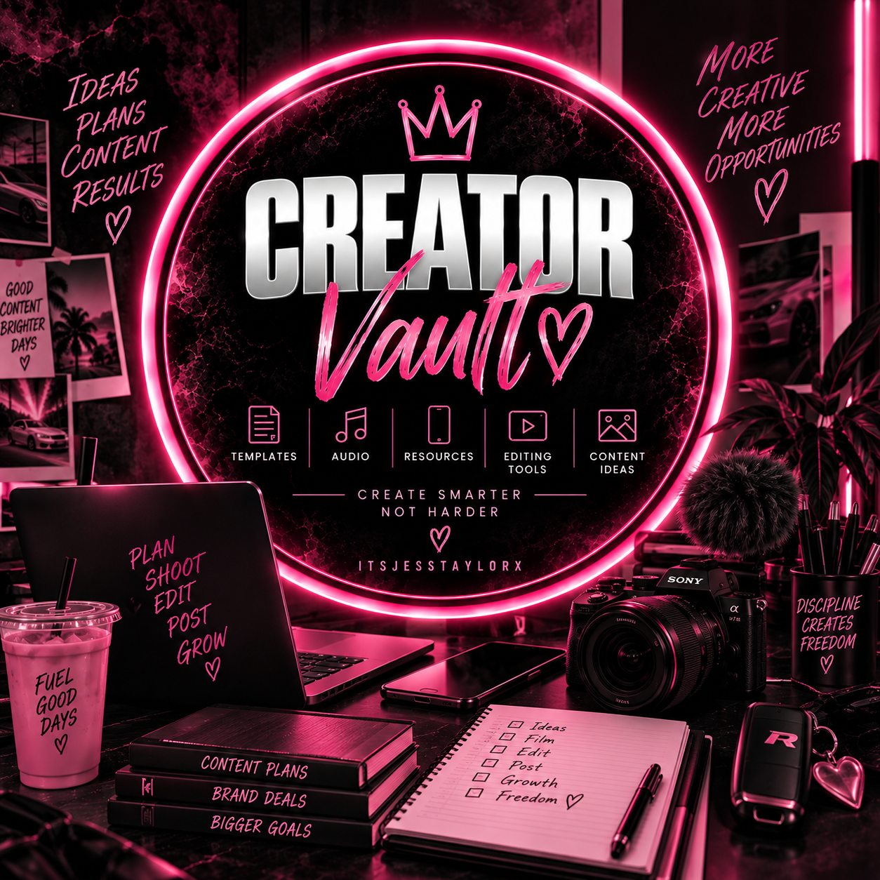 Creator Vault artwork with a neon pink ring and content creation tools